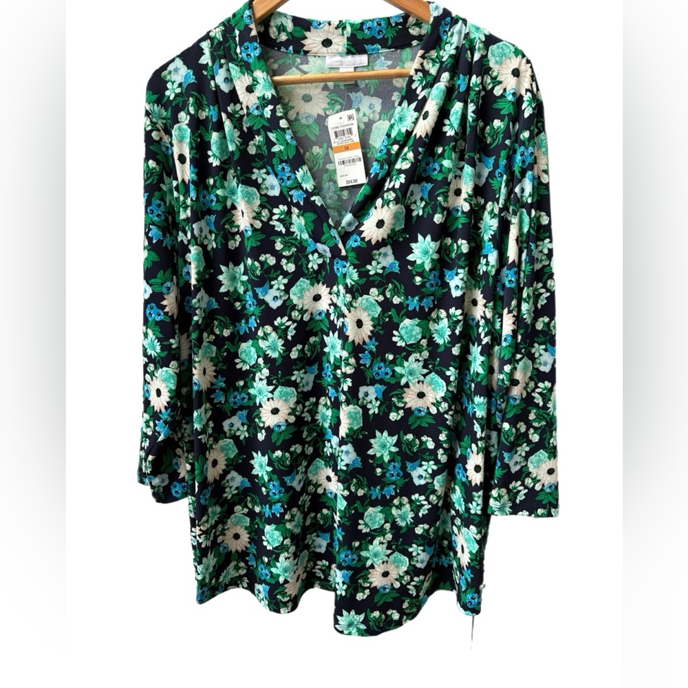Charter Club Blue Green Floral Liquid Knit Top Size 3X Blouse NWT